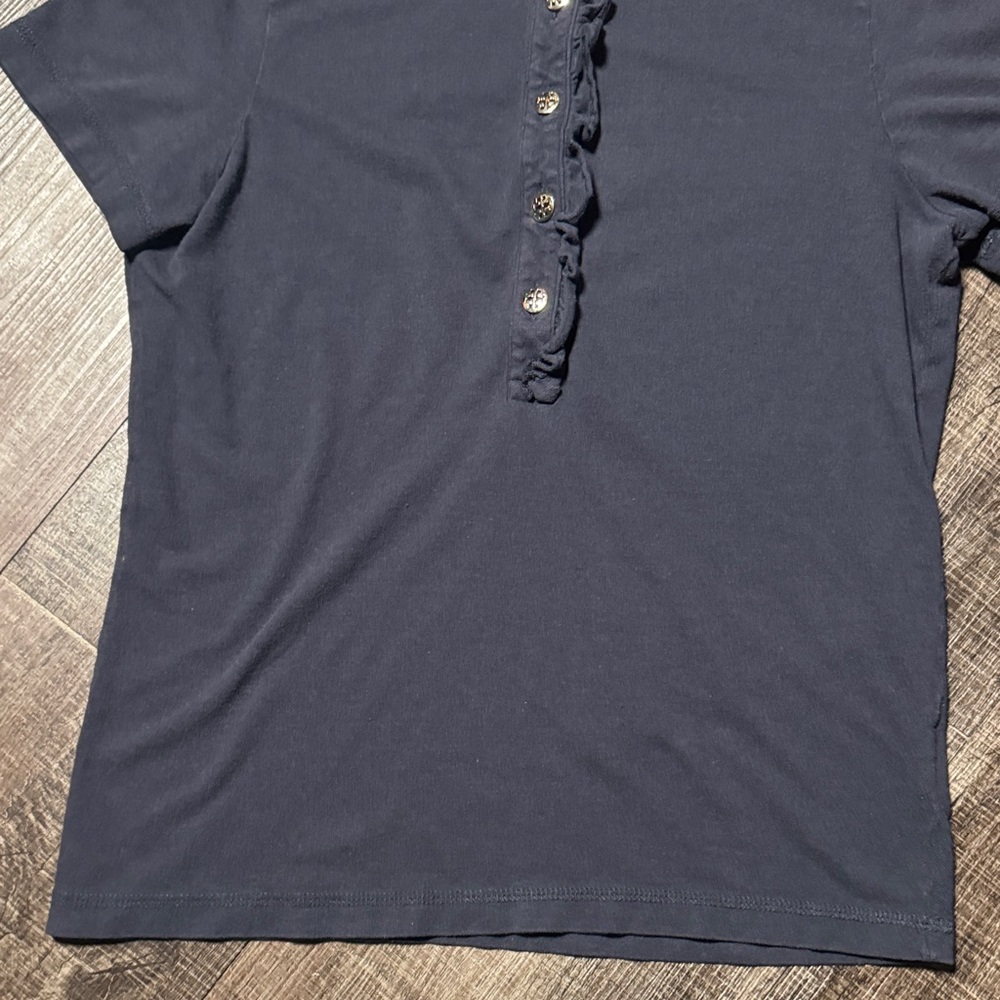 Tory Burch Emily Ruffle Polo Navy Shirt - Picture 5 of 8
